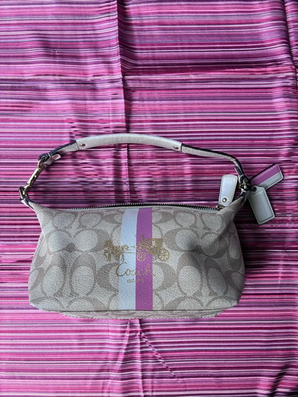 Coach Signature Canvas Mini Hobo with Pink and Lavender Center Stripe - Picture 1 of 7